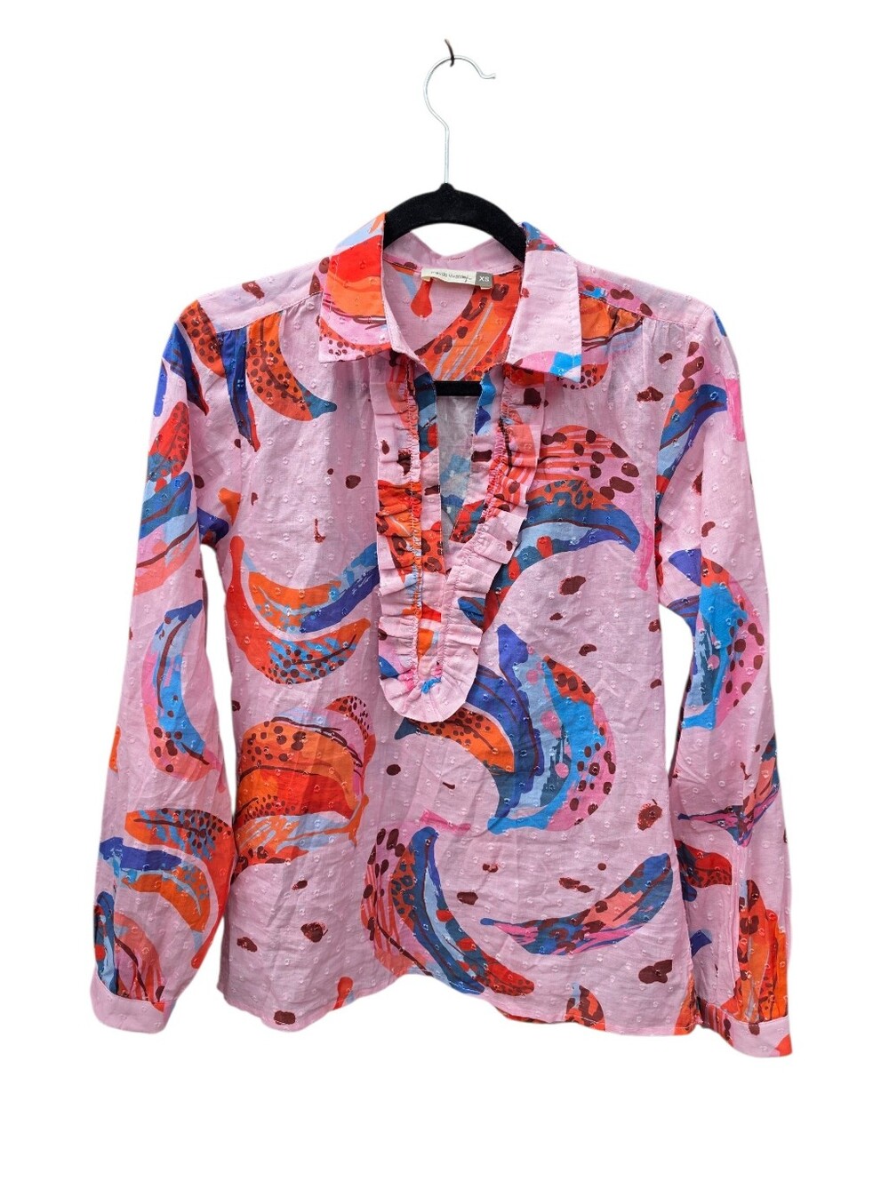 ​Maude Vivante Pink Banana Print Clip Dot Ruffle V-Neck Blouse Size XS
